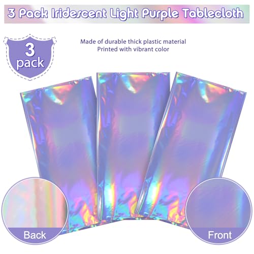 Image of 3 Pack Iridescent Light Purple Tablecloth for Parties, Pastel Purple Holographic Plastic Table Cover, Disposable Laser Purple Table Cloth for Birthday Wedding Baby Shower Party Decorations, 54x108Inch