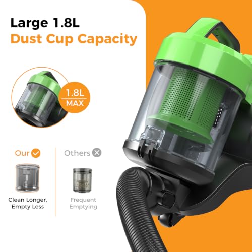 Image of NEWBULIG Canister Vacuum Cleaners for Home, Bagless Vacuum Cleaner, Green | 850W 16Kpa Suction, 12.14 ft Retractable Cord, Washable HEPA, 1.8L Large Dust Cup for Hard Floor & Carpet