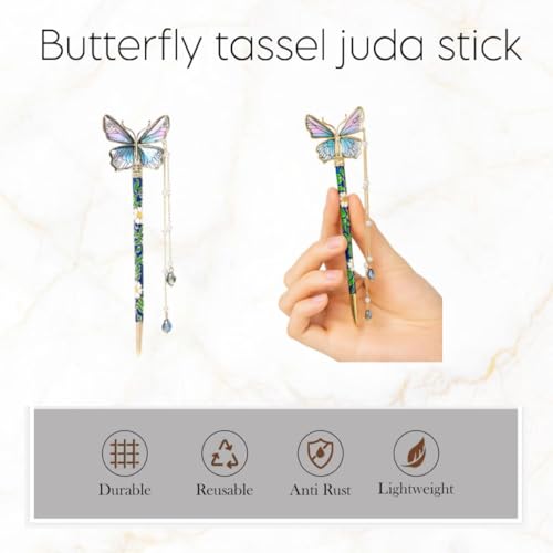 Image of INHEAVEN Decorative Butterfly Juda Hair Pin with Pearl Dangles, Green and Gold Metal Hair Stick, Traditional Japanese Style Hair Accessory, Multicolor