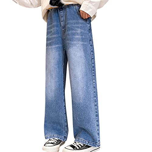 Blue Jeans for Little Girls Kids Elastic High Waist Loose Pants Spring Long Pants with Pockets