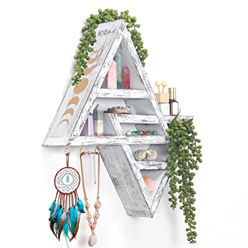 FM Triangle Shelf with Hooks - Moon Phase Crystal Display Shelf - Jewelry and Key Holder - Aesthetic Boho Moon Farmhouse Wall decor (Small, Witchy White)