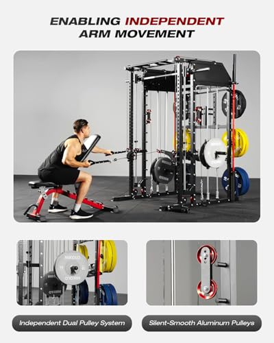 Image of Mikolo Smith Machine, Multi-Function Power Cage with Dual Pulley System, Vertical Leg Press Attachment, Squat Rack Power Rack with More Training Attachment for Home Gym