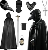 Pestdoktor Kostüm Herren – 10 Stück Plague Doctor Costume Erwachsene mit Steampunk Pestarzt Maske, Umhang mit Kapuze, Handschuhen, Zepter – Pest Doktor Halloween Mittelalter Cosplay Horror Outfit