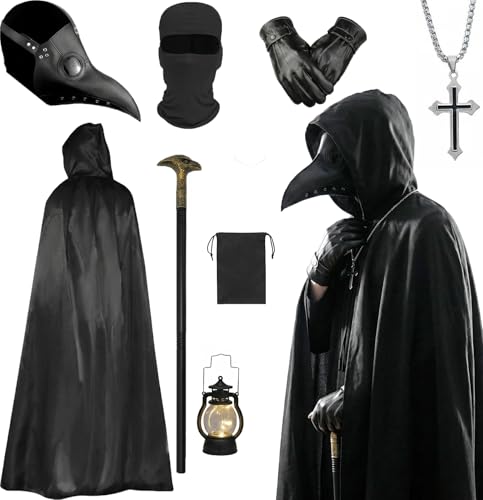 Pestdoktor Kostüm Herren 10 Stück Plague Doctor Costume Erwachsene mit Steampunk Pestarzt Maske Umhang mit Kapuze Handschuhen Zepter Pest Doktor Halloween Mittelalter Cosplay Horror Outfit