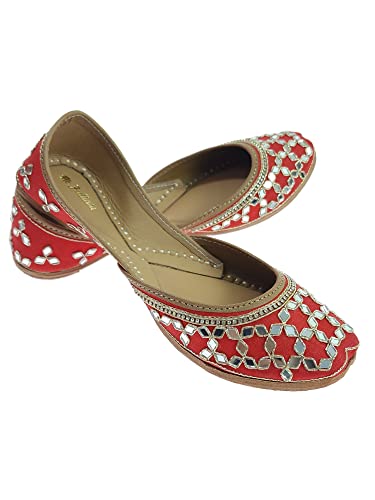 Image of Fulkari Women's Mirror Genuine Soft Leather Juttis | Bite and Pinch Free Jutis | Ladies Punjabi Jutti | Wedding Flat Stylish Mojari | Phulkari Ethnic Flats For Girls |