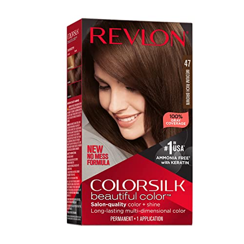 Revlon Colorsilk Beautiful Color Permanent Hair Color Long-Lasting High-Definition Color Shine & Silky Softness with 100% Gray Coverage Ammonia Free 047 Medium Rich Brown 1 Pack
