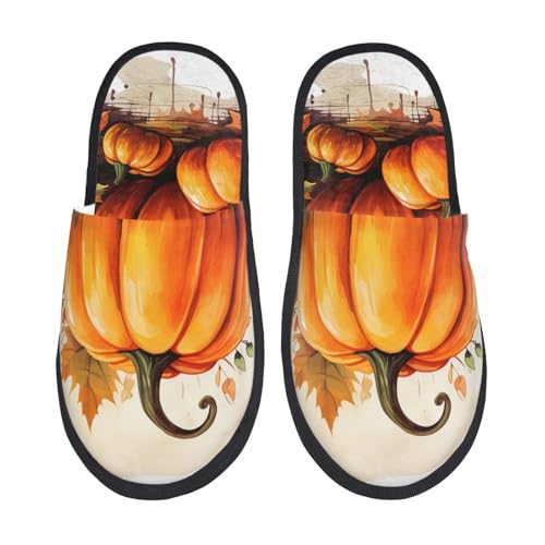 Autumn Pumpkin Slippers for Women, Fall Maple Leaves House Slippers Non-slip Indoor Bedroom Slippers Warm Cozy Memory Foam Home Shoes3