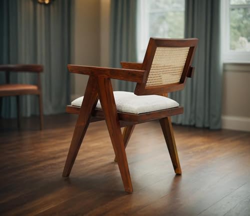 Image of Solid Sheesham Wood Arm Chair with Cushion and Cane Back Support Chair Living Room Bedroom Home Wooden Armchair Furniture Garden Balcony Outdoor & Indoor (Honey Brown)
