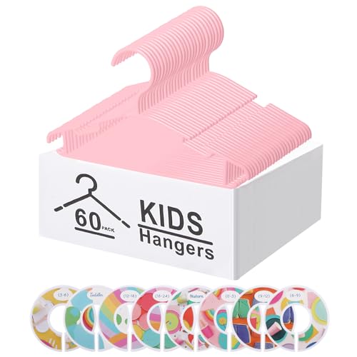 GoodtoU Anti-Slip Plastic Hangers for Kids Closet, 60 Pack with 8 Pcs Baby Clothing Dividers, Pink