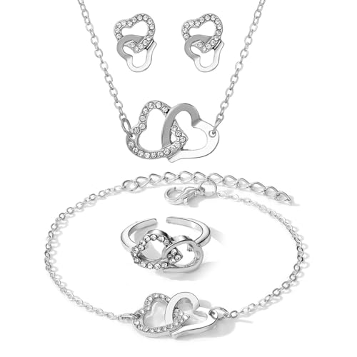 KONFEN Conjuntos de Joyería de las Mujeres, Boda Brillantes Joyas de Piedras Preciosas, Doble Amor Collar Ajustable, Pendientes y Pulsera de Anillo de Cumpleaños Bodas Regalos, Plata