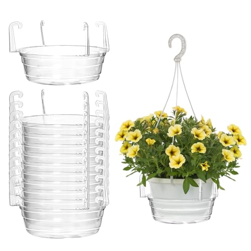 Yudlto 10 Pack 12 Inch Hanging Plant Water Catcher Tray Clear Plastic Drip Pans for Hanging Baskets Round Plant Saucer with Hooks for Indoor & Outdoor Flower Pots