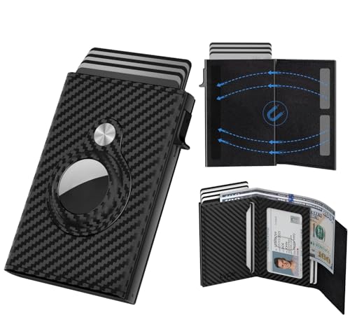 Image of Mens Pop Up Wallet for AirTag: Premium Genuine Leather, RFID Blocking, Smart, Minimalist, 9-14 Card Capacity, ID Window, Cash Slot (Carbon Black)