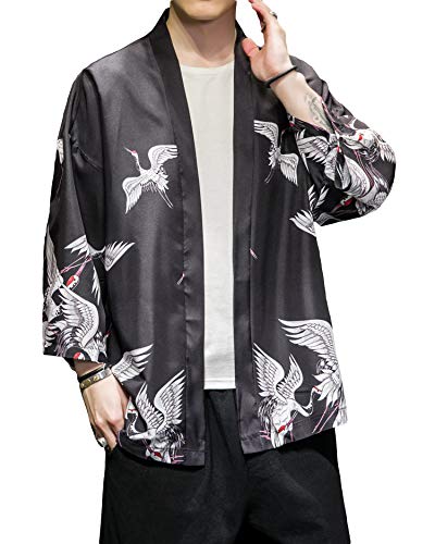 Image of PRIJOUHE Men's Japanese Kimono Cardigan Jackets Casual Long Sleeve Open Front Coat Lightweight Yukata Outwear