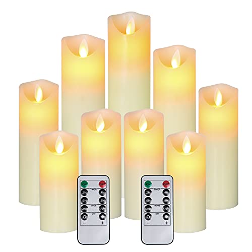 Aku Tonpa Lot de 9 bougies pilier en cire véritable sans flamme LED à piles avec télécommande et minuterie pour mariage, anniversaire, Noël Cover