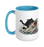 Retro Animal Humorous Cute Kitten, Cat Vs Shark Ceramic Mug, Blue/White, 15oz
