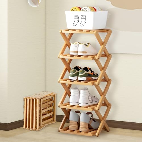 MIVIDE Étagère à Chaussures en Bambou à 5 Niveaux, Étagère à Chaussures 24 x 26 x 82 cm, Petit Meuble à Chaussures pour Entrée, Couloir