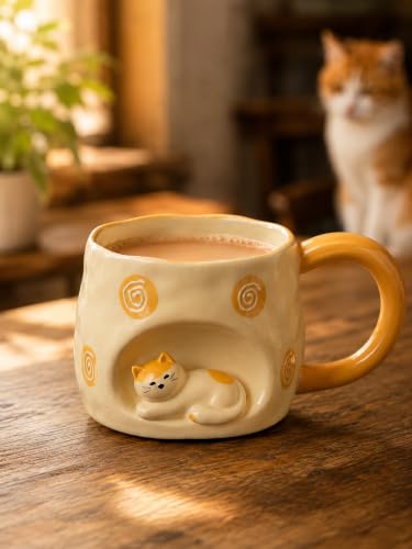 Image of 3D Sleeping Cat Mug with Gift Box | Cute Ceramic Coffee & Tea Cup for Cat Lovers, Women and Girls | 200 ml, Orange