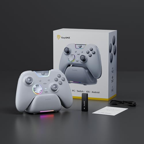 Image of EasySMX X05Pro Wireless PC Gaming Controller with Smart Charging Dock - Full Quiet Buttons, Dual-Stage Linear Triggers, 8-Way D-Pad, Programmable Buttons, Hall Effect Joysticks, 1000mAh Long Battery Life, 1000Hz Polling Rate, Compatible with PC /Switch /Android /iOS, White.