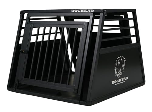 DOGHEAD Hundetransportbox Proline, Single 80x80x63 cm, Schwarz, Aluminium, Beidseitig Abgeschrägt 75°, mit Notausstieg