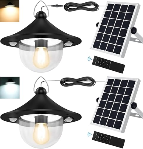 Teilybao Solar Pendant Light Outdoor Indoor, Solar Shed Light with Motion Sensor/Remote/5 Lighting Modes, Waterproof LED Solar Barn Lights for Inside House, Gazebo, Patio, Barn (Black-2 Pack)