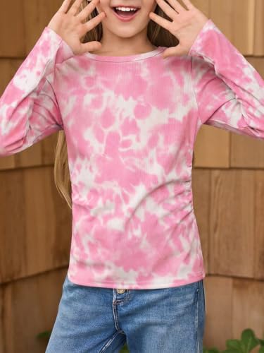 Image of Haloumoning Girls Long Sleeve Shirts Crewneck Ruched Side Slim Fit Tops Ribbed Knit Casual Tee Shirt 4-15 Years