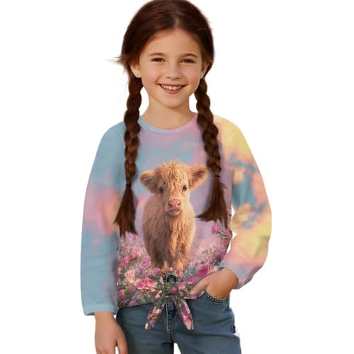Girls Long Sleeve T-Shirt Casual Tie Hem Tee Tops Graphic Girls Crewneck Tee Soft Kids Clothes Fall