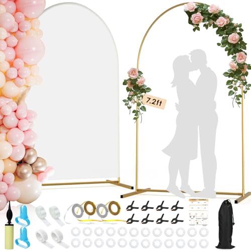 Arch Backdrop Stand and Cover Set| 7.2ft Wedding Metal Arch Stand with Spandex Fitted Backdrop Cover|Gold Balloon Arched Frame White Arch Cover for Birthday Party Baby Shower Graduation Ceremony Décor