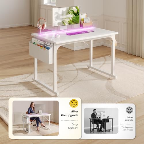 Image of DurayLoly 40 inch Computer Desk with Waterproof LED Lights,Bedroom Study Desk for Teens,Dorm Room Essentials,Headphone Hook&Storage Bag for Small Spaces,Sturdy Metal Frame,White