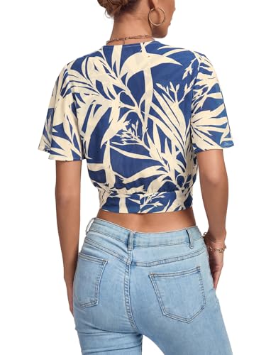 Image of LYANER Women's Sexy Deep V Neck Tie Front Wrap Cropped Blouse Bell Short Sleeve Ruffle Crop Tops