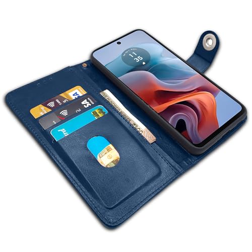 Image of Pikkme Moto G24 Power Flip Cover Leather Finish | Inside TPU with Card Pockets | Wallet Stand and Shock Proof | Complete Protection Button Flip Case (Blue)