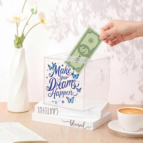 Honeydak Make Your Dreams Happen Fund Clear Piggy Bank with Lock and Key Clear Acrylic Money Saving Box for Cash Coins Real Money(5.9inch) by Honeydak - Image 6
