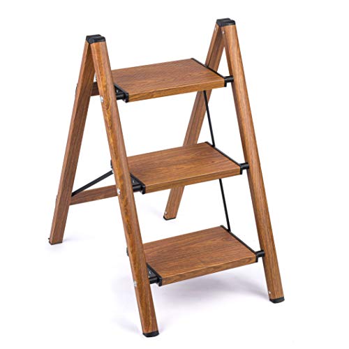 3 Step Ladder Woodgrain Shelf Aluminum Lightweight Folding with Anti-Slip and Wide Pedal
