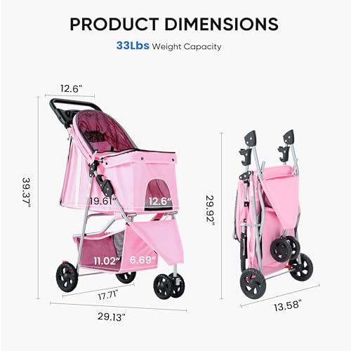 Image of NEWBULIG 3 Wheel Pet Stroller for Dogs and Cats, Foldable, Lightweight and Durable, Ideal for Small to Medium Pets, Includes Storage Basket and Cup Holders