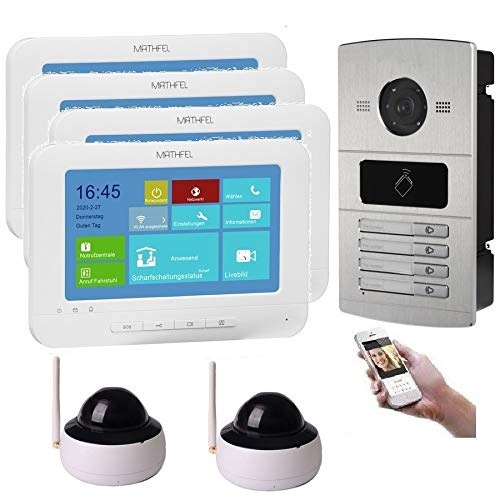 WLAN 4 Familienhaus IP Video Türsprechanlage, Unterputz-Türstation IP65, 7 Zoll Monitor, HD-Kamera 130°, Foto-/Video-Speicher, PoE-Switch, Größe: 2X