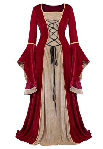 Josamogre Femmes Robes Médiévale Velours Manches Longues Parti Renaissance Déguisements Costume Halloween De Mariée Gothique vin Rouge XS