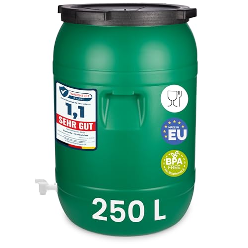 Garronda 250L Fût Plastique Alimentaire avec Robinet – Récupérateur d'eau sans BPA pour Eau, Fermentation, Croquettes, Choucroute GD-0142