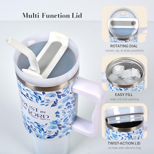Image of Christian Art Gifts Extra Large Double Wall Stainless Steel Insulated Travel Tumbler for Women: Trust in the Lord Uplifting Scripture, Twist Dial Lid, Reusable Straw & Tip, White & Blue Floral, 40 oz