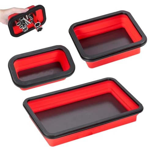 3 Pièces Plateau Magnétique, Plateau Pliable Set, Accessoires d'atelier pour Petits Boulons Écrous, Rondelles et Autres Petites Pièces Outils (Rouge)