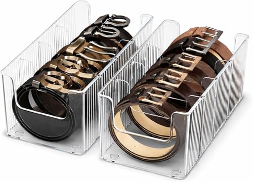 Image of 2 Pack Acrylic Belt Organizer - with Adjustable 4 Compartments & Stackable Design, Clear Storage for Closet and Drawer Organization, Display Case Pantry Cabinet Organizers for Ties,Socks