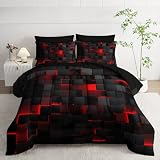 Nttopship Geometric Red Black King Comforter Set,Light Honeycomb Bedding Set 7 Piece in A Bag,Bed Sheet Set Geometry Decor,Microfiber Lightweight All Season