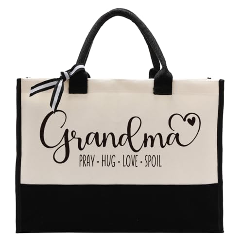 Grandma Canvas Tote Gift, Grandma Heart Gift: Pray - Hug - Love - Spoil, Canvas Tote Bag for Gifting, Women Cotton Canvas Tote Bag for Mother's Day, Grandma Birthday Gift, Christian Gift for Nana - Main Image
