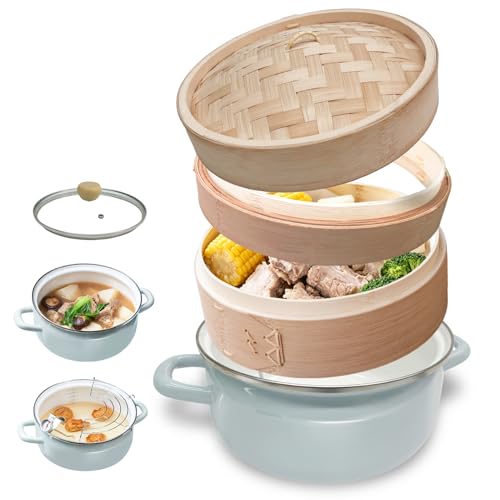 銘木工房の王様 【IH対応&ガス火対応】ホーロー 両手鍋 22cm ホワイト + 2段 せいろ 21cm セット 琺瑯蓋付 揚げ物 天ぷら 鍋 琺瑯 焦げ付きにくい 鍋料理 すき焼き鍋 煮物 おでん 蒸し器 中華せいろ 職人手作り 健康調理 (ブルーグレー