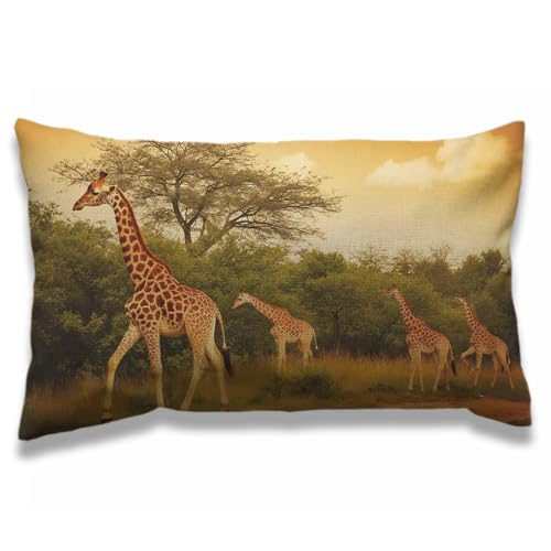 AOYEGO Housse de coussin rectangulaire en coton et lin avec motif girafe - 30,5 x 50,8 cm - Motif animaux de safari africains marchant dans la savane verte