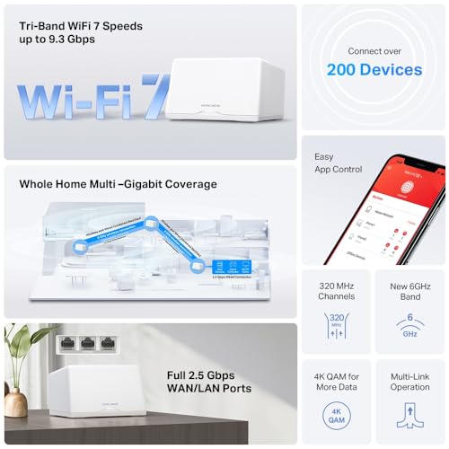 Image of MERCUSYS Halo H47BE(2-pack) Wi-Fi 7 Mesh System, Tri-Band up to 9.3Gbps, 6GHz Band, 3 Ports 2.5Gbps WAN /LAN, 320MHz Channels, 4K-QAM, MLO,VPN, Coverage up to 550 m, Easy Setup