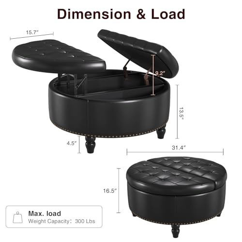 Vabches 30 Inch Round Storage Ottoman,Modern Button Tufted Coffee Table with Lift Top, Large Round Leather Ottoman Upholstered Footrest Stool Toy Blanket Storage for Living Room, Black