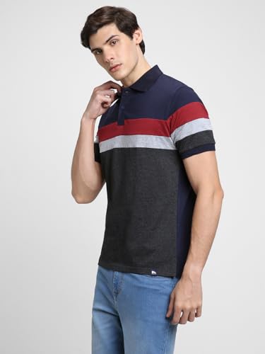 Image of Dennis Lingo Men's Cotton Stripes Regular Fit Mandarin Collar Short Sleeve Polo Tshirt