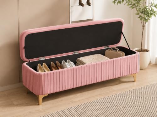 Image of LEGACY OF COMFORT Qwen Velvet Upholstered Flip Top Storage Bench 2 Seater Sofa Upholstered Ottoman Bench with Storage for Living Room, Bedroom (Pink)