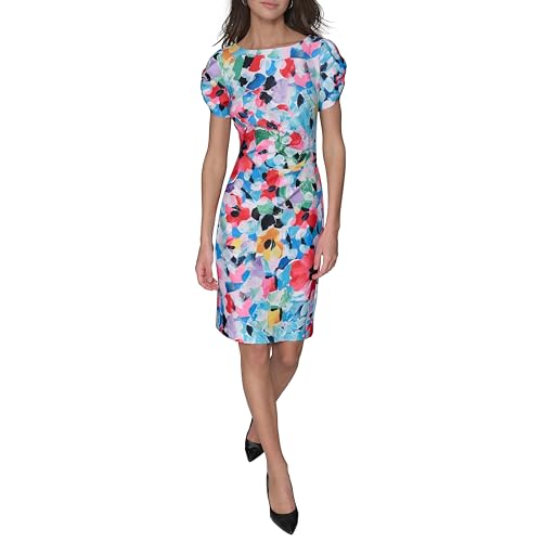 Image of KARL LAGERFELD Short Ruched Sleeve Jewel Neck Sheath Mini Dress