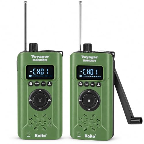 Kaito Voyager Ranger Walkie Talkies Long Range Rechargeable Dynamo Crank 2-Way Radios with AM FM NOAA Weather Alerts Flashlight SOS Outdoor Communication for Camping Hiking Emergency (2-Pack) (Green)