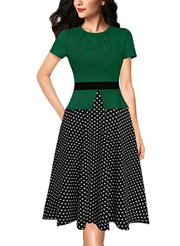 Vfshow Womens Green and Black White Dot Pleated Crew Neck Peplum Pockets Work Office Business Party A-Line Dress 7353 GRN S
